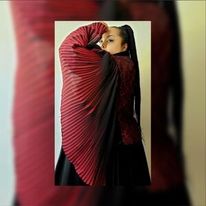 Red and Black Moto Jacket with Ombre Pleated Sleeves